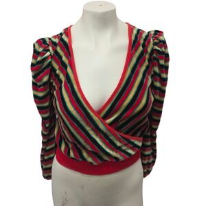 Organically Grown Striped Wrap Sweater Womens S Puff Sleeve Cropped Retro Boho